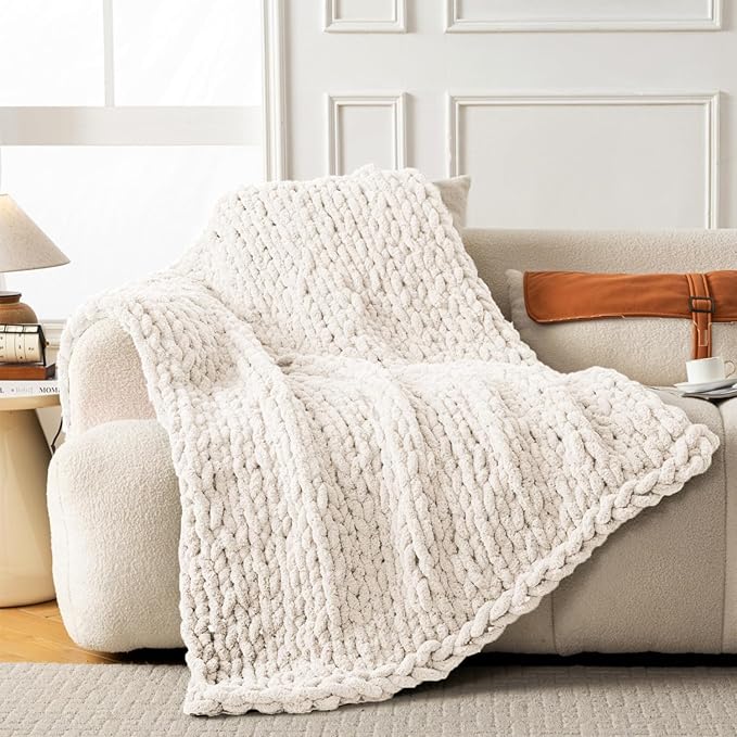 Ultra Soft Chunky Knit Throw Blanket 40x50 Hand Knitted Warm Chenille Throw Blanket, Home Decor Soft Thick Yarn Cable Knit Blanket Breathable Fleece Banket Christmas for Couch Bed Sofa Best Gift