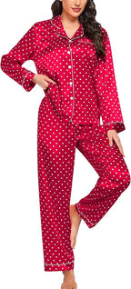 SWOMOG Womens Silk Satin Pajamas Set Long Sleeve Button Down Sleepwear 2 Piece Lounge Set Pj Set XS-3XL