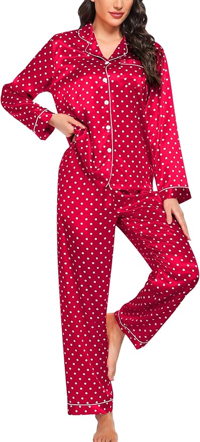 SWOMOG Womens Silk Satin Pajamas Set Long Sleeve Button Down Sleepwear 2 Piece Lounge Set Pj Set XS-3XL