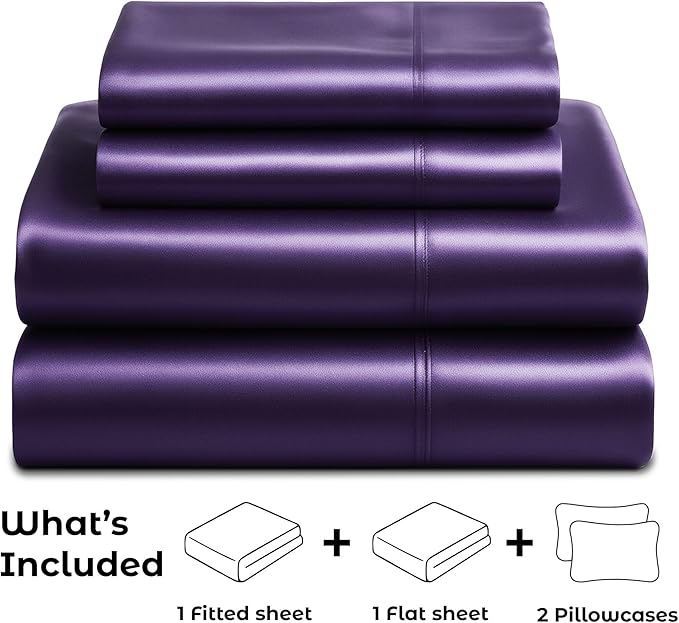 Pure Bedding Satin Sheets Full [4-Piece, Purple] Hotel Luxury Silky Bed Sheets - Extra Soft 1800 Microfiber Sheet Set, Wrinkle, Fade, Deep Pocket Fitted Sheet, Flat Sheet, Pillow Cases