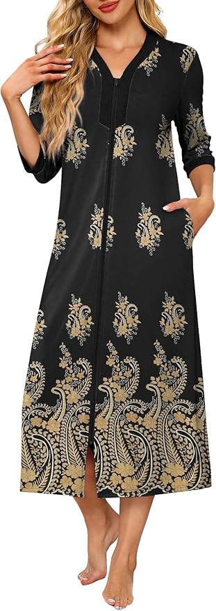 Ekouaer Women's Zipper Robe 3/4 Sleeves Housecoat Full Length Nightgown Soft Loungewear Robe with Pockets S-3XL