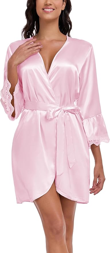Lace Trim Satin Robes for Women Bride Bridesmaid Silky Kimono Robe Valentines Lingerie with Bell Sleeves