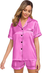 SWOMOG Womens Silk Satin Pajamas Set Short Sleeve Sleepwear Button Down Top and Shorts Loungewear 2 Piece Pjs Set XS-3XL