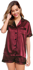 LecGee Womens Silk Satin Pajamas Short Sleeve Loungewear Two-Piece Sleepwear Button-Down Pj Set