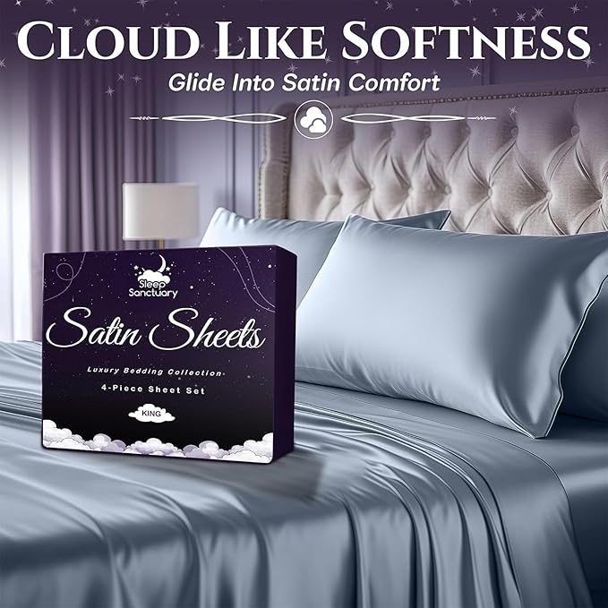 SLEEP SANCTUARY Satin Sheets Queen Size – 4 Piece Luxury Silky Bed Set, Softer Than Silk, 15" Deep Pocket, Cooling & Wrinkle-Free, Moisture-Wicking & Breathable for Hair & Skin (Baby Blue)