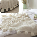 ATMOSURELY Ultra Soft Chenille Cable Knit Throw Blanket with Handmade Pom Poms Cozy Fluffy Knitted Blanket Lightweight Warm Woven Farmhouse Blanket for Bed Sofa Couch 50x60 Inches (Geometry Beige)
