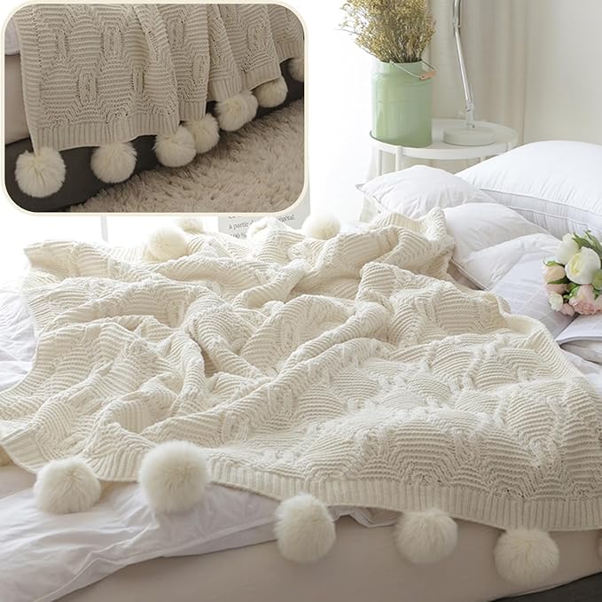 ATMOSURELY Ultra Soft Chenille Cable Knit Throw Blanket with Handmade Pom Poms Cozy Fluffy Knitted Blanket Lightweight Warm Woven Farmhouse Blanket for Bed Sofa Couch 50x60 Inches (Geometry Beige)