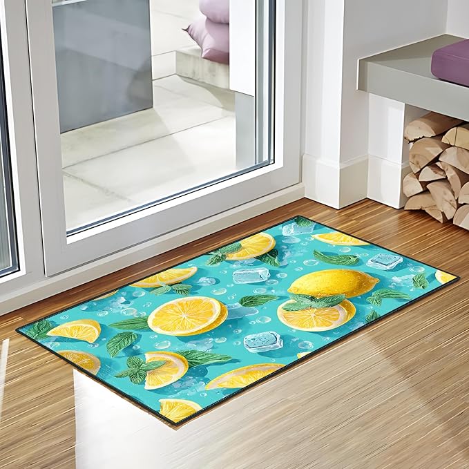 Lemon Area Rug 2x3 ft Entry Rug Washable Boho Rugs Non Slip Low Pile Floral Door Mat Small Carpet for Bedroom, Bedside, Kids Room, Office, Dining Room