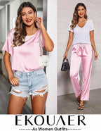 Ekouaer Womens Satin Silky Pajama Set Short Sleeve Shirt with Long Pajama Pant Set Soft PJ Loungewear
