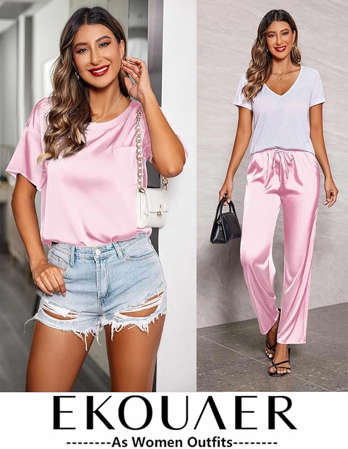 Ekouaer Womens Satin Silky Pajama Set Short Sleeve Shirt with Long Pajama Pant Set Soft PJ Loungewear