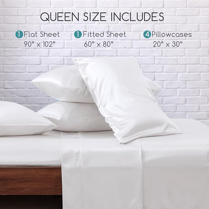 MR&HM Satin Bed Sheets, Queen Size Sheets Set, 6 Pcs Silky Bedding Set with 15 Inches Deep Pocket for Mattress (Queen, White)