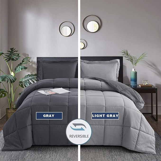 HIG 3pc Gray Oversized King Plus Comforter Set Duvet Insert, Reversible, All Season, Box Stitched, with Corner Tabs, Soft, Fluffy（128'' x 120''）