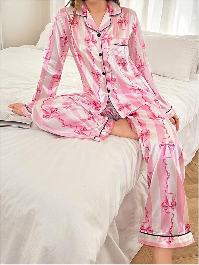 WDIRARA Women's 2 Piece Bowknot Print Satin Pajama Set Long Sleeve Button Down Lounge Pants Sleepwear Sets