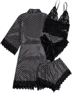 WDIRARA Women' Silk Satin Pajamas Set 4pcs Lingerie Floral Lace Cami Sleepwear with Robe