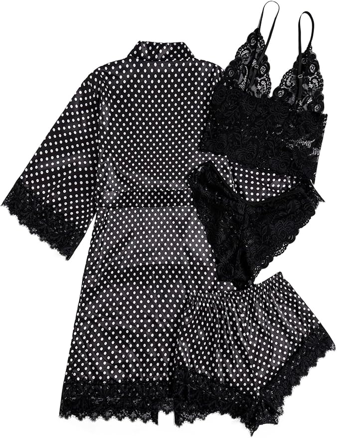 WDIRARA Women' Silk Satin Pajamas Set 4pcs Lingerie Floral Lace Cami Sleepwear with Robe