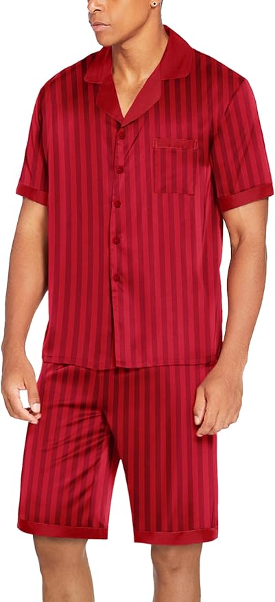 Ekouaer Men Satin Silk Pajamas Set with Pockets Sleepwear Shorts Satin Summer Loungewear 2 Piece Button Down Set S-3XL
