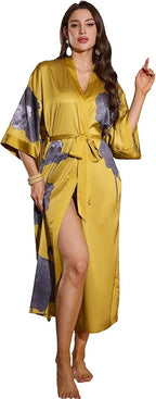 Kihnop Women's Floral Long Kimono Robe Long Satin Robe Long Silk Robe Ladies Kimonos Silky Bathrobe Cover Up, One Size