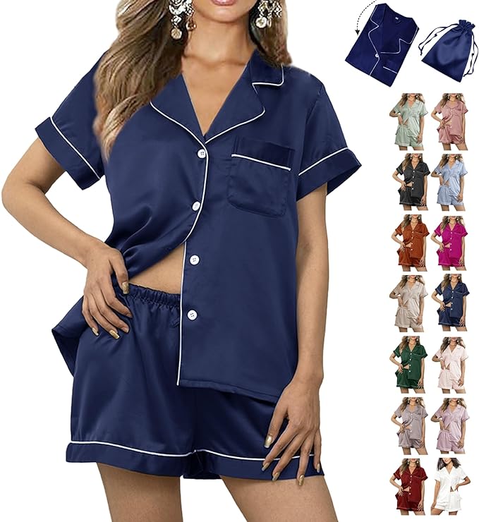WJing Yi Jia Womens 3Pcs Floral Pajamas Sets Silk Satin Sleepwear XS~4XL Button Down Short Sleeve Shirt Pjs Loungewear