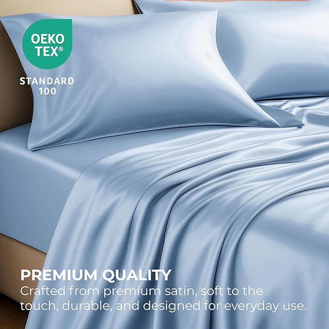 Satin Sheets Queen [4-Piece, Baby Blue] Hotel Luxury Silky Bed Sheets - Extra Soft 1800 Microfiber Sheet Set, Wrinkle, Fade, Stain Resistant - Deep Pocket Fitted Sheet, Flat Sheet, Pillow Cases
