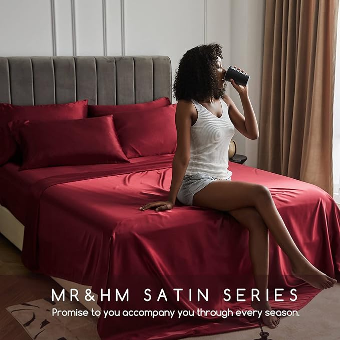 MR&HM Satin Bed Sheets, Twin XL Size Sheets Set, 3 Pcs Silky Bedding Set with 15 Inches Deep Pocket for Mattress (Twin XL, Burgundy)