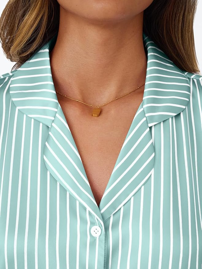 LILLUSORY Womens Satin Silk Pajamas Set 2 Piece Ruffle Pjs Winter Matching Lounge Sleepwear Button Down Striped Shirt Shorts