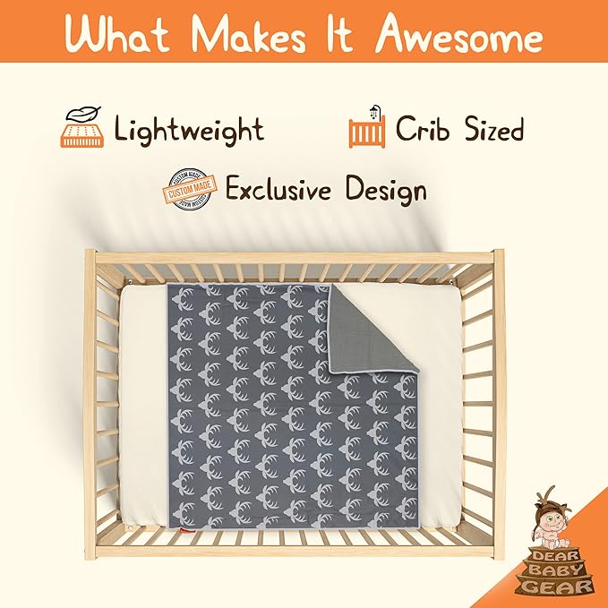 Dear Baby Gear Baby Blankets - Infant Essentials, Newborn Essentials, and Cute Stuff for Toddler Crib - Toddler Blankets for Boy and Girll - White Antlers on Grey, Slate Grey Muslin, 45" x 45"