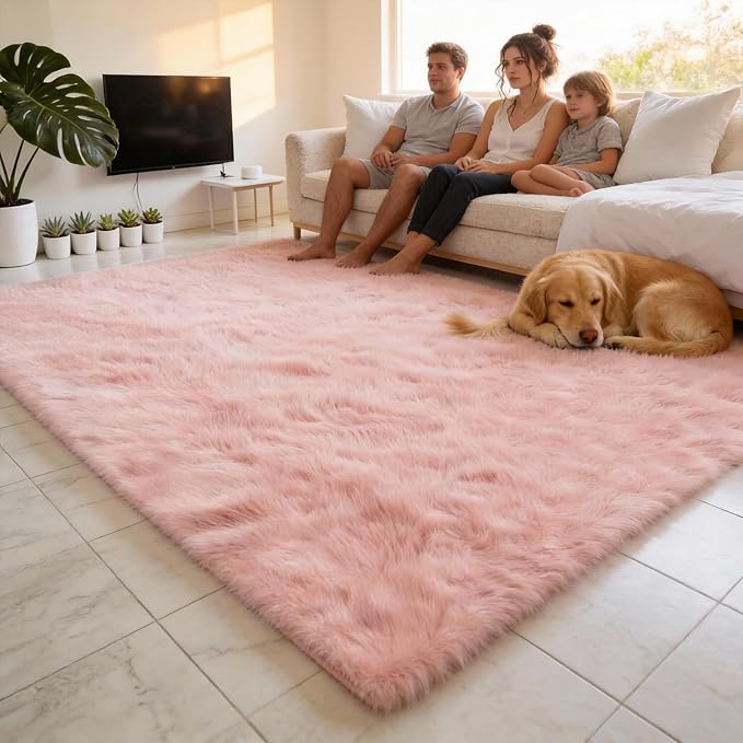 Shag 8x10 Pink Area Rug – 8x10 Rugs for Bedroom Girls, Ultra Soft Fluffy Plush Large Carpet, Shaggy Furry Rugs for Living Room, Dorm, Kids and Girls Room, Nursery, Home Office Décor