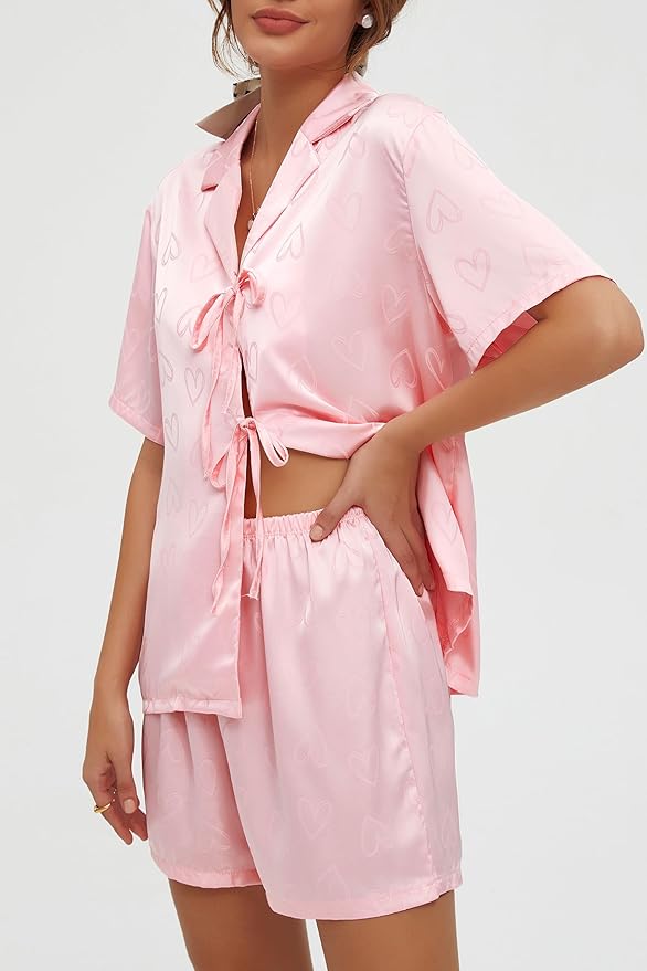 CHYRII Women's Silk Satin Pajamas Sets Tie Front Short Sleeve Tops and Shorts Two Piece Pj Sets Sleepwear