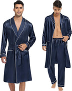 SWOMOG Men's Satin Robe 3 Pcs Silky Kimono Bathrobe Set Lightweight Soft Loungewear Nightwear
