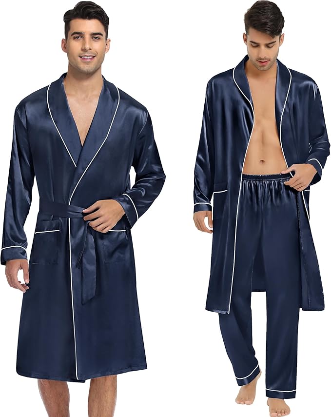 SWOMOG Men's Satin Robe 3 Pcs Silky Kimono Bathrobe Set Lightweight Soft Loungewear Nightwear
