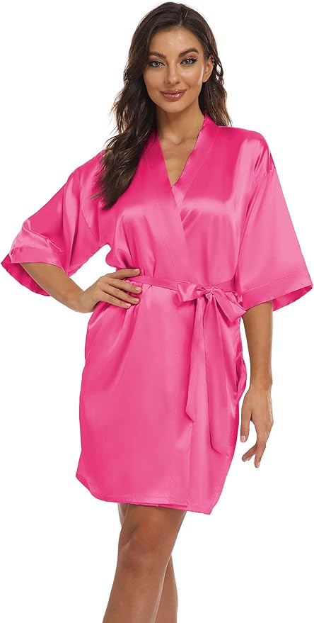 Women's Pure Short Kimono Robes Bride Bridesmaids Silky Bathrobe Lightweight Satin Sleepwear