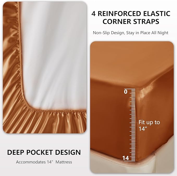 CozyLux Satin Sheets King Size Sheet Set - 4 Piece Silky King Sheets, Luxury Terracotta King Bed Set with Smooth and Soft Microfiber, Includes 1 Fitted Sheet, 1 Flat Sheet and 2 Pillowcases