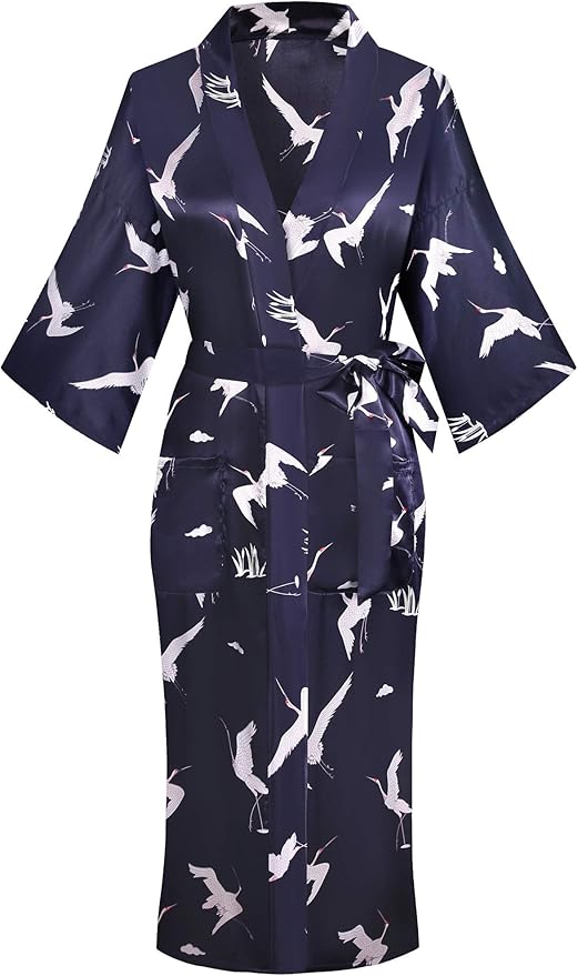 Valennia Women Long Silky Bathrobe Satin Kimono Robe Floral Printed Dressing Gown Sleepwear