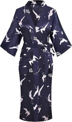 Valennia Women Long Silky Bathrobe Satin Kimono Robe Floral Printed Dressing Gown Sleepwear
