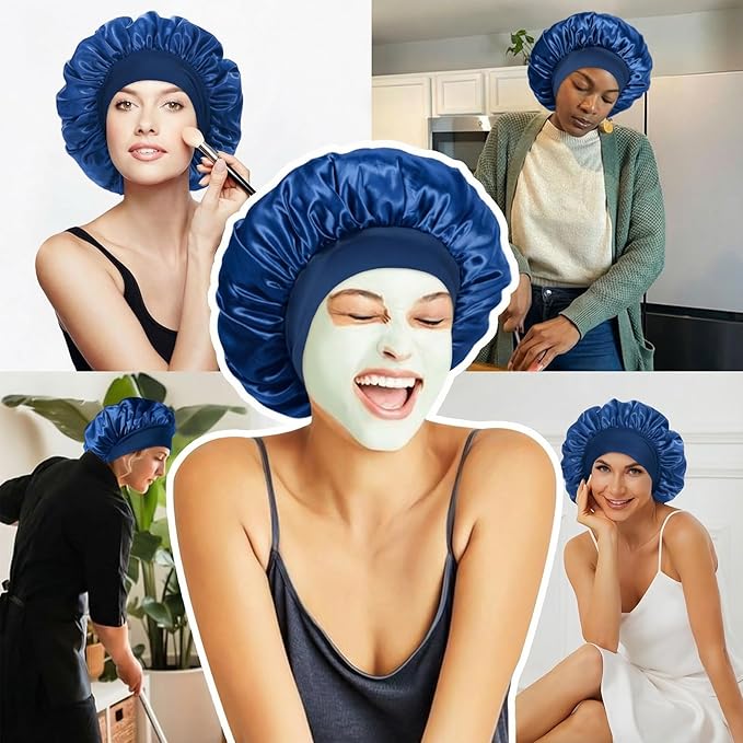 4Pcs Satin Bonnet Silk Bonnet, Hair Bonnet for Sleeping, Elastic Wide Band Silk Sleep Cap, Soft and Breathable(Dark Blue*4)