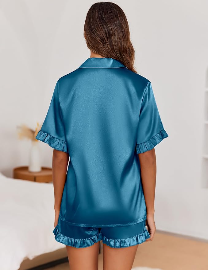 Ekouaer Satin Pajama Set for Women Button Down Silk 2 Piece Pj Sets Ruffle Short Sleeve Sleepwear