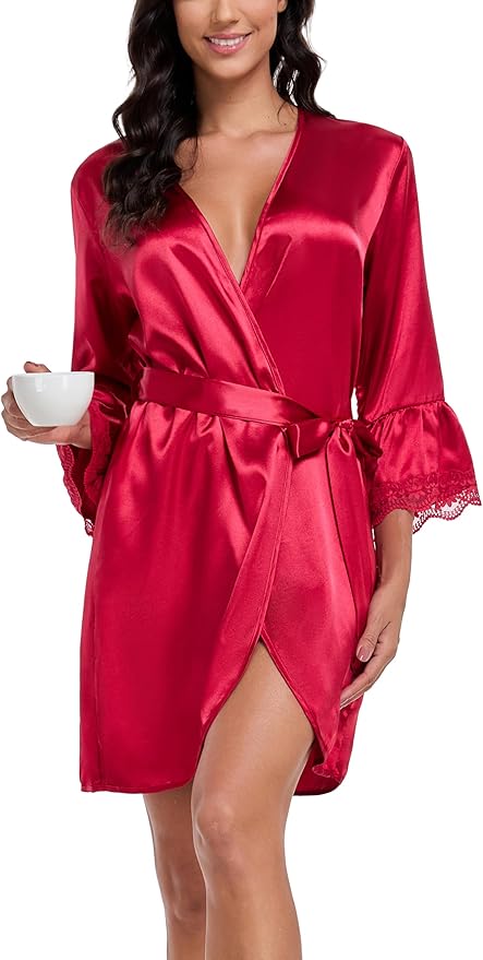 Lace Trim Satin Robes for Women Bride Bridesmaid Silky Kimono Robe Valentines Lingerie with Bell Sleeves
