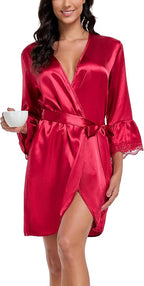 Lace Trim Satin Robes for Women Bride Bridesmaid Silky Kimono Robe Valentines Lingerie with Bell Sleeves