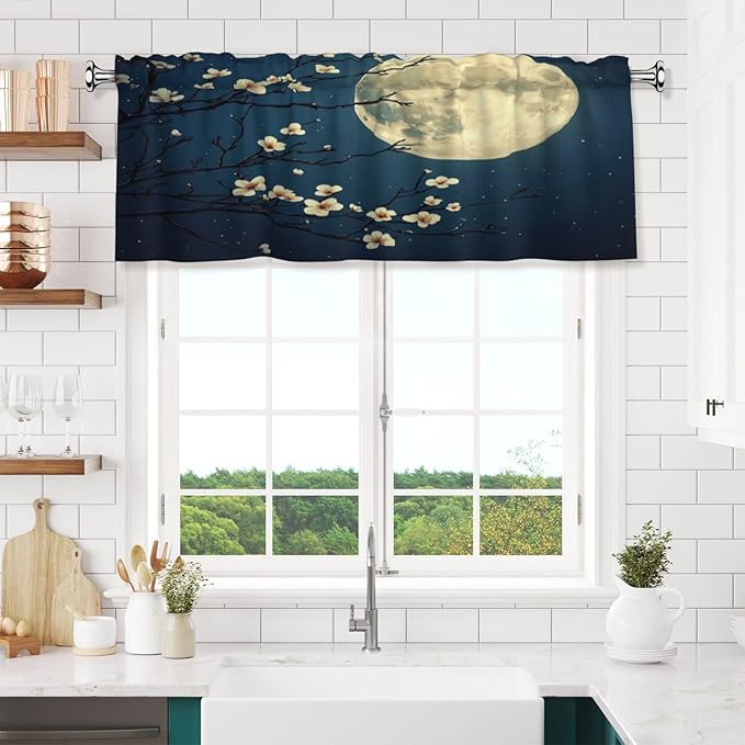 Full Moon Night with Cherry Blossoms Curtain Valance Peach Skin Velvet Printed Window Valance with Rod Pocket Light Filtering for Kitchen Bathroom 54x18in