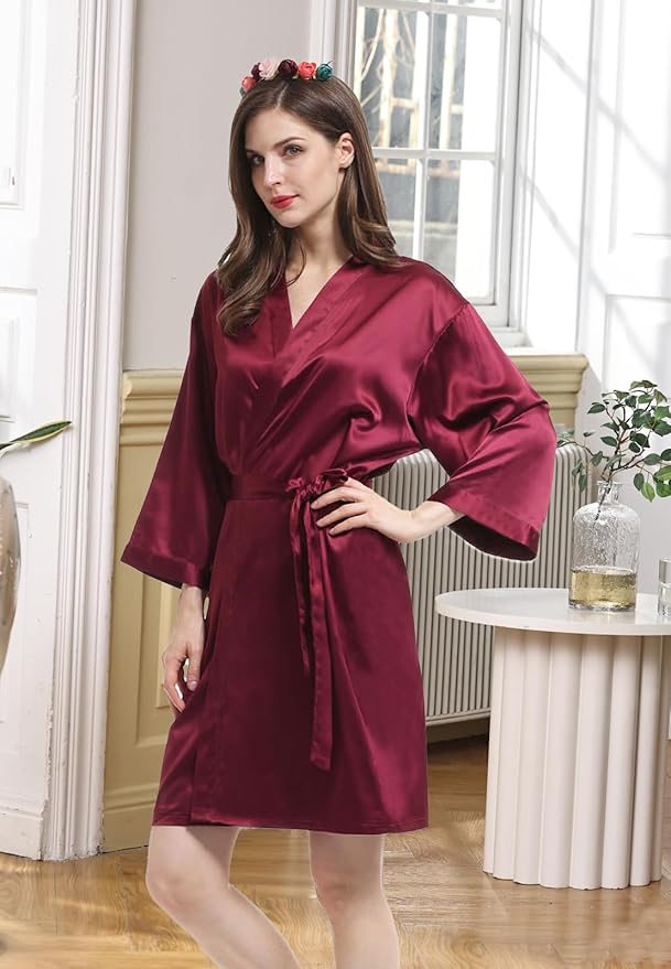 WJing Yi Jia Womens Satin Kimono Robe Silky Robes Floral Bathrobe Bride Bridesmaid Wedding Bridal Dressing Gown Loungewear