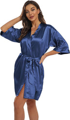 Women's Pure Short Kimono Robes Bride Bridesmaids Silky Bathrobe Lightweight Satin Sleepwear
