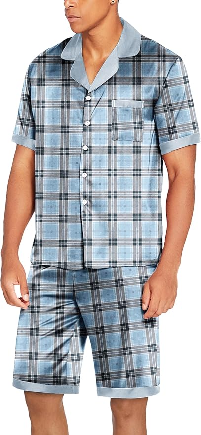 Ekouaer Men Satin Silk Pajamas Set with Pockets Sleepwear Shorts Satin Summer Loungewear 2 Piece Button Down Set S-3XL