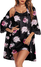 Ekouaer Sleepwear Women's Satin Nightgown with Robes Set 2 Piece Sexy Lace Cami Nightwear