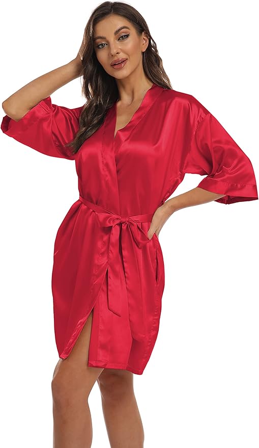 Women's Pure Short Kimono Robes Bride Bridesmaids Silky Bathrobe Lightweight Satin Sleepwear