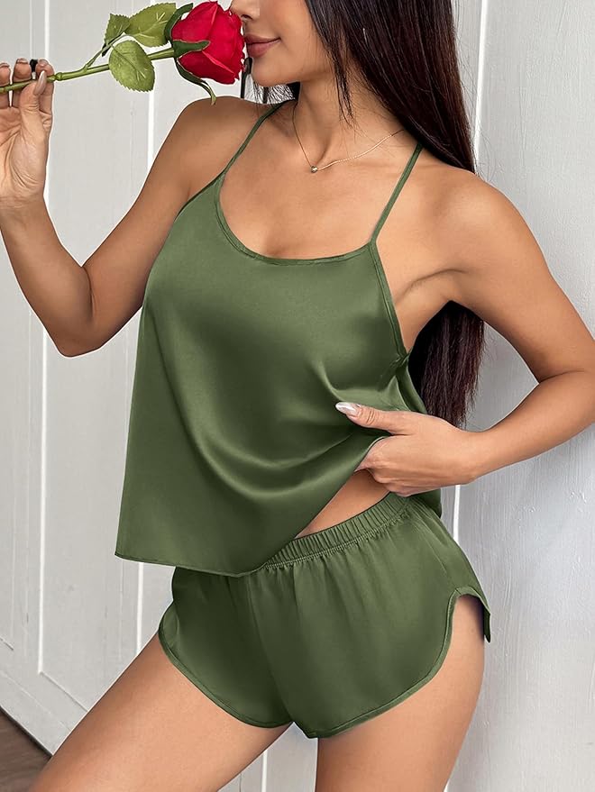Ekouaer Silk Pajamas Set for Women Satin Backless Lingerie Pjs Cami Top and Shorts Nightwear