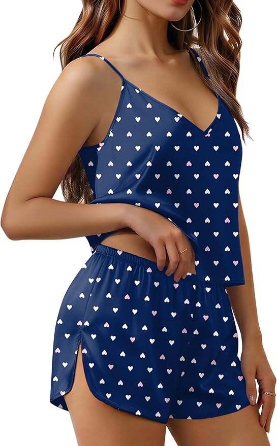 Ekouaer Satin Pajamas Set for Women Silk Cami Pjs Sets Soft Sleepwear V Neck Camisole Top and Shorts
