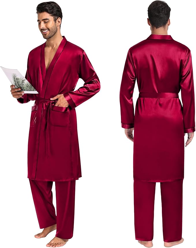 SWOMOG Mens 3 PCS Satin Robe with Pants & Shorts Set Kimono Bathrobe Long Sleeve Sleepwear Pjs Sets with Pockets