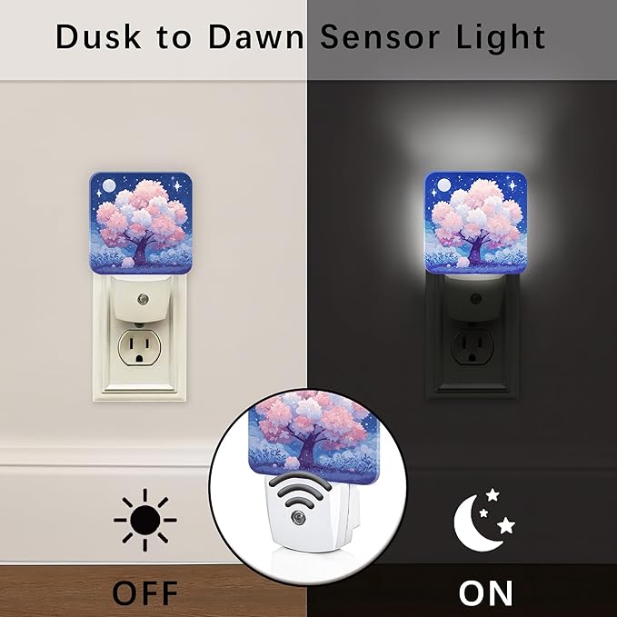 Cherries Blossom Night Lights Plug Into Wall, Night Fanciful Moon Stars Spring Peach Smart Led Plug in Lights for Wall Socket for Bathroom Closet Laundry Room Decor 2pcs