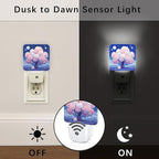 Cherries Blossom Night Lights Plug Into Wall, Night Fanciful Moon Stars Spring Peach Smart Led Plug in Lights for Wall Socket for Bathroom Closet Laundry Room Decor 2pcs