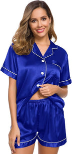SWOMOG Womens Silk Satin Pajamas Set Short Sleeve Sleepwear Button Down Top and Shorts Loungewear 2 Piece Pjs Set XS-3XL